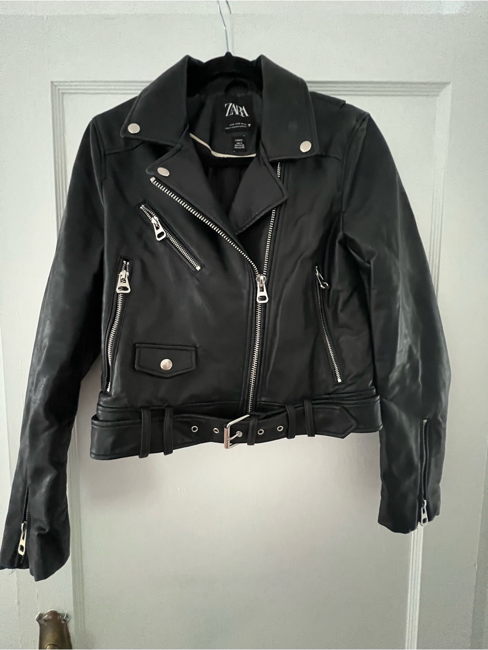 Zara Black Leather Moto Jacket with Multiple Zips and Belt